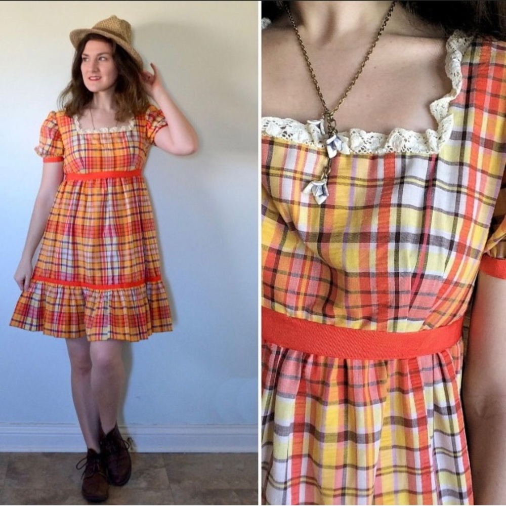 Vintage cotton orange puff sleeve dress
